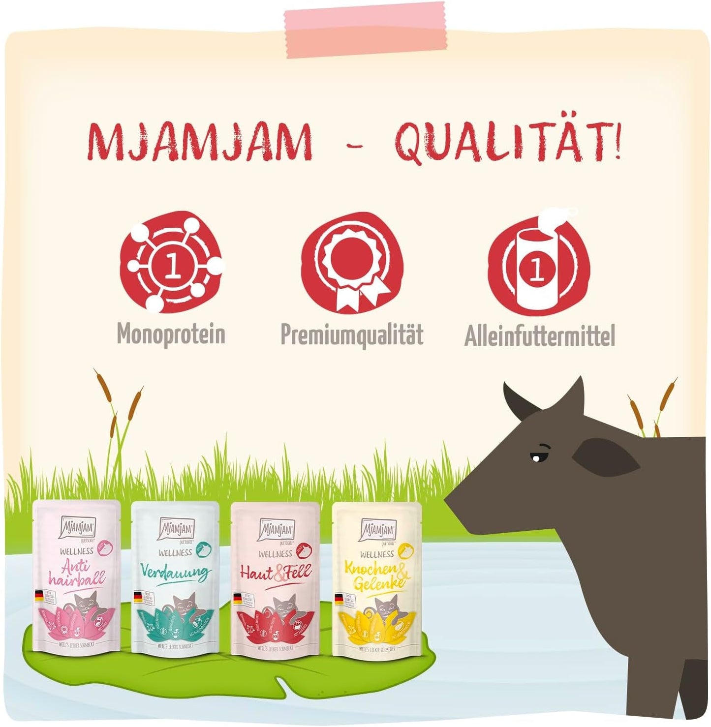MjAMjAM - Premium natvoer voor katten - Wellness Pack Rundvlees, 12 stuks (12 x 125 g), graanvrij met extra vlees
