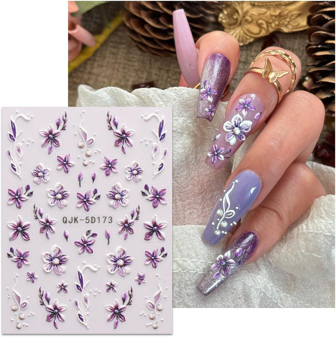 JMEOWIO 3D Nagelsticker Blumen Nail Art Sticker Selbstklebend Nagelaufkleber 5D Stereoskopisch Frühling Zomer Decoratie Nageldesign Zubehör 4 Blatt