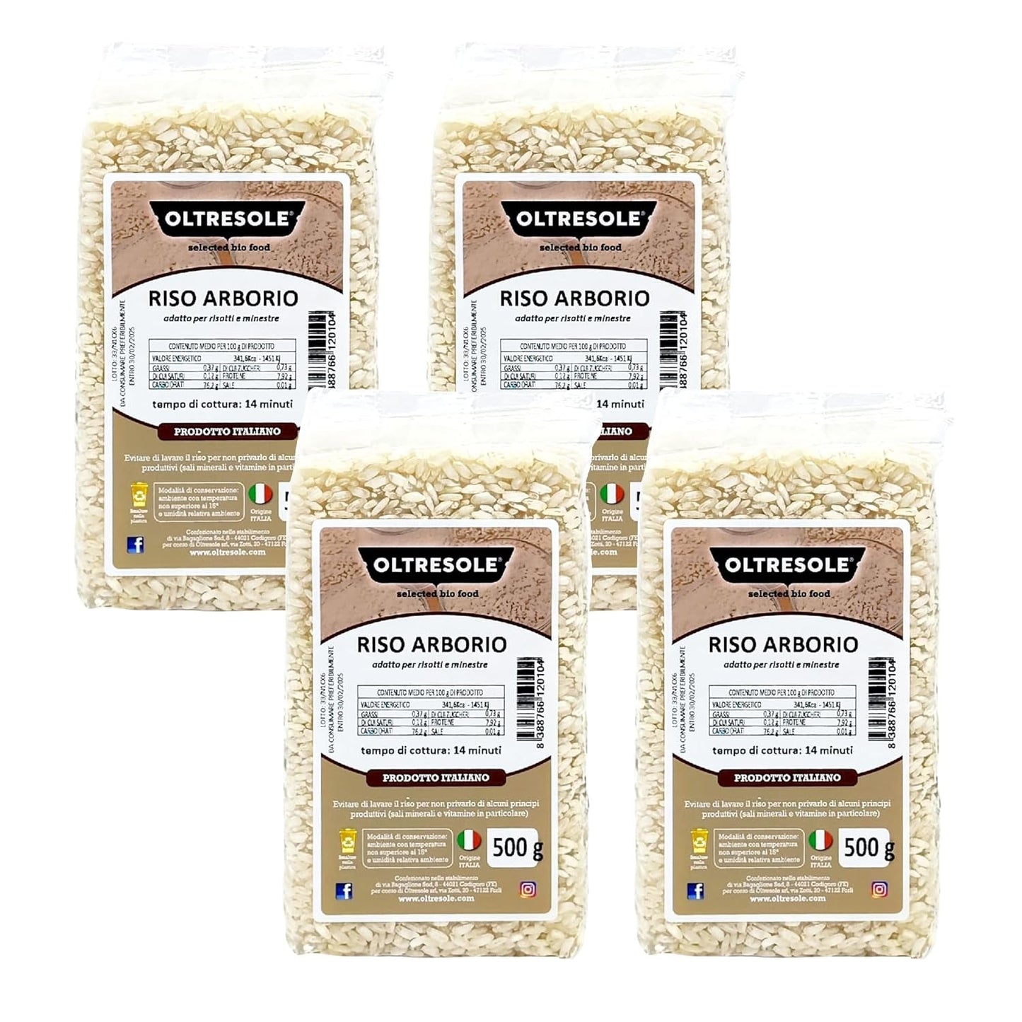 Ambachtelijke Italiaanse Arboriorijst, grofkorrelige en zetmeelrijke rijst, ideaal voor soepen, risotto's en rijstsalades, vacuüm verpakt in 2 zakken van 1 kg