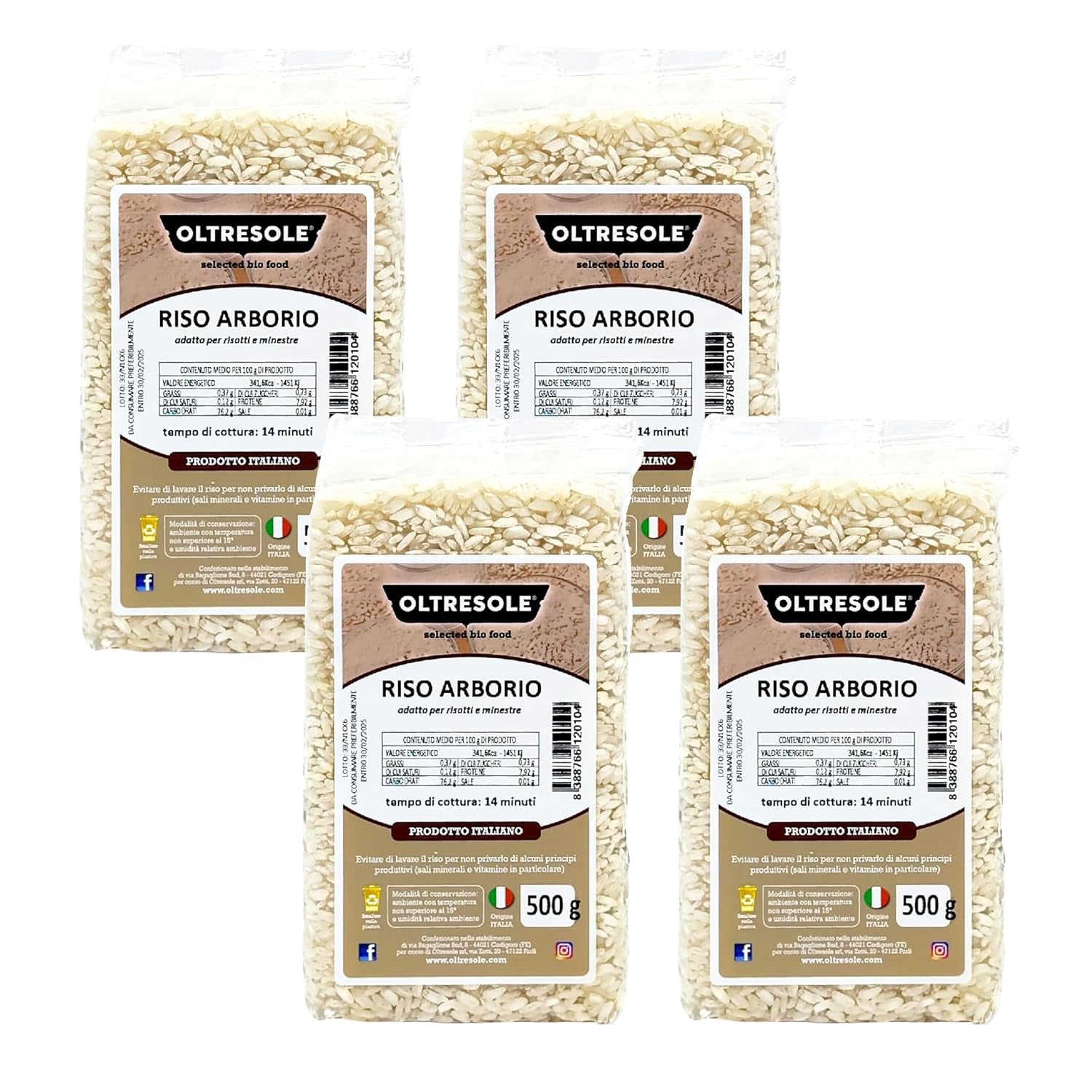 Ambachtelijke Italiaanse Arboriorijst, grofkorrelige en zetmeelrijke rijst, ideaal voor soepen, risotto's en rijstsalades, vacuüm verpakt in 2 zakken van 1 kg