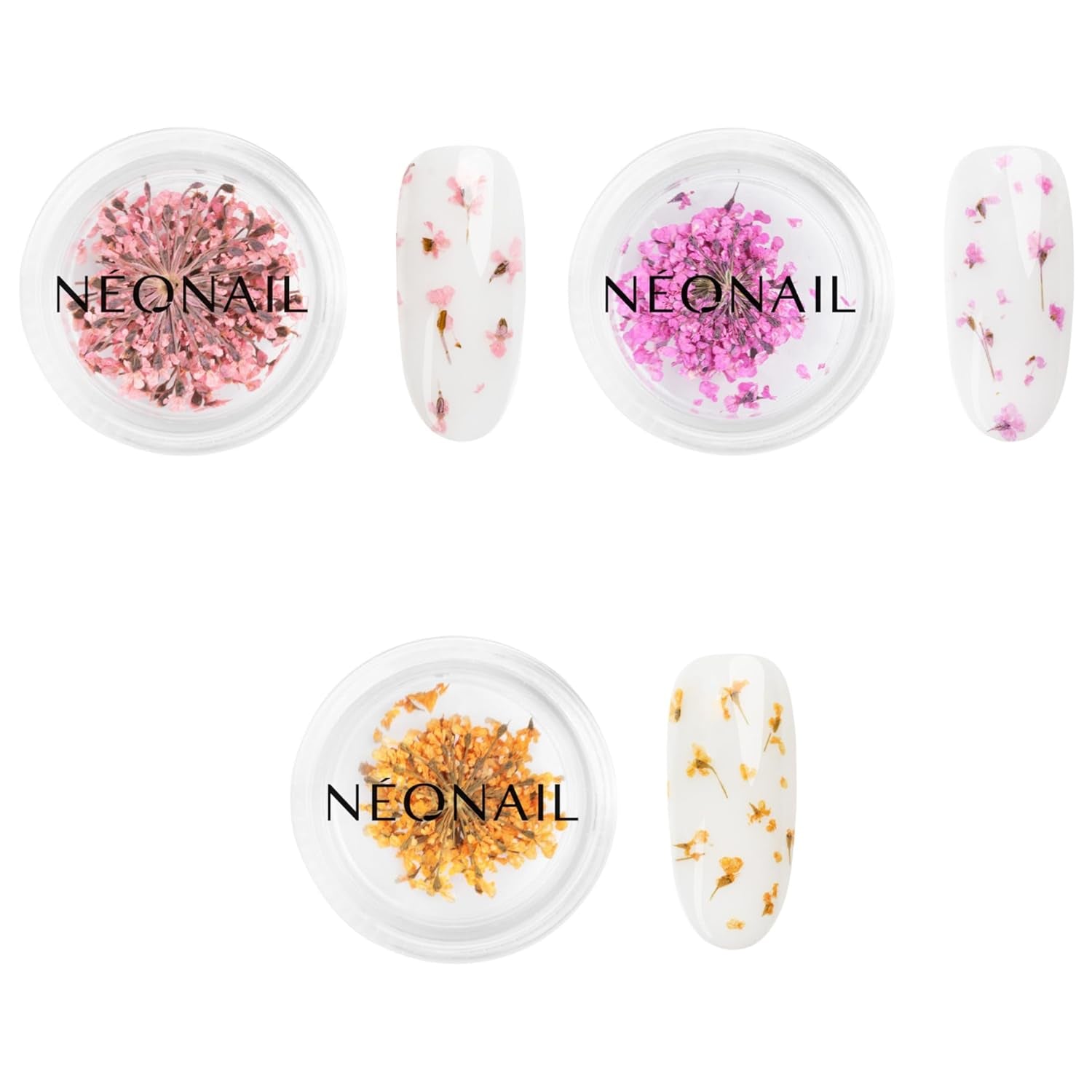 NÉONAIL Nail Art Flowers Set - Trockenblumen - Getrocknete Blumen - Nageldesign Zubehör - Nageldekorationen - Getrocknete Blüten - Nageldecoratie - Gelnägel Zubehör - 3 kleuren - Rosa, Lila, Oranje