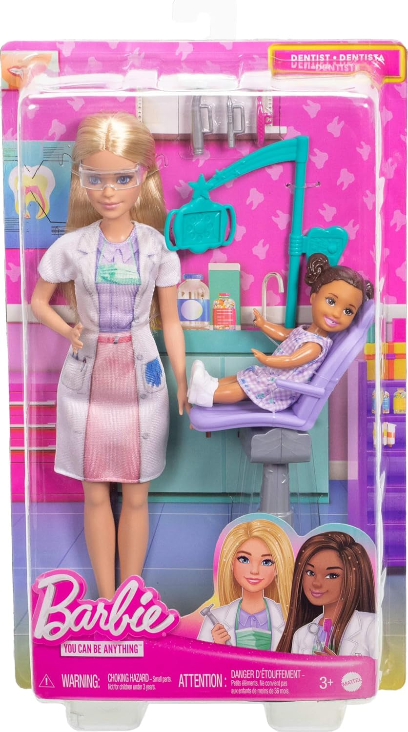Barbie Tandartspop, modepop met blond haar, blauwe jurk en laboratoriumjas, 1 kinderpop, examenaccessoires en diverse accessoires, JCR74