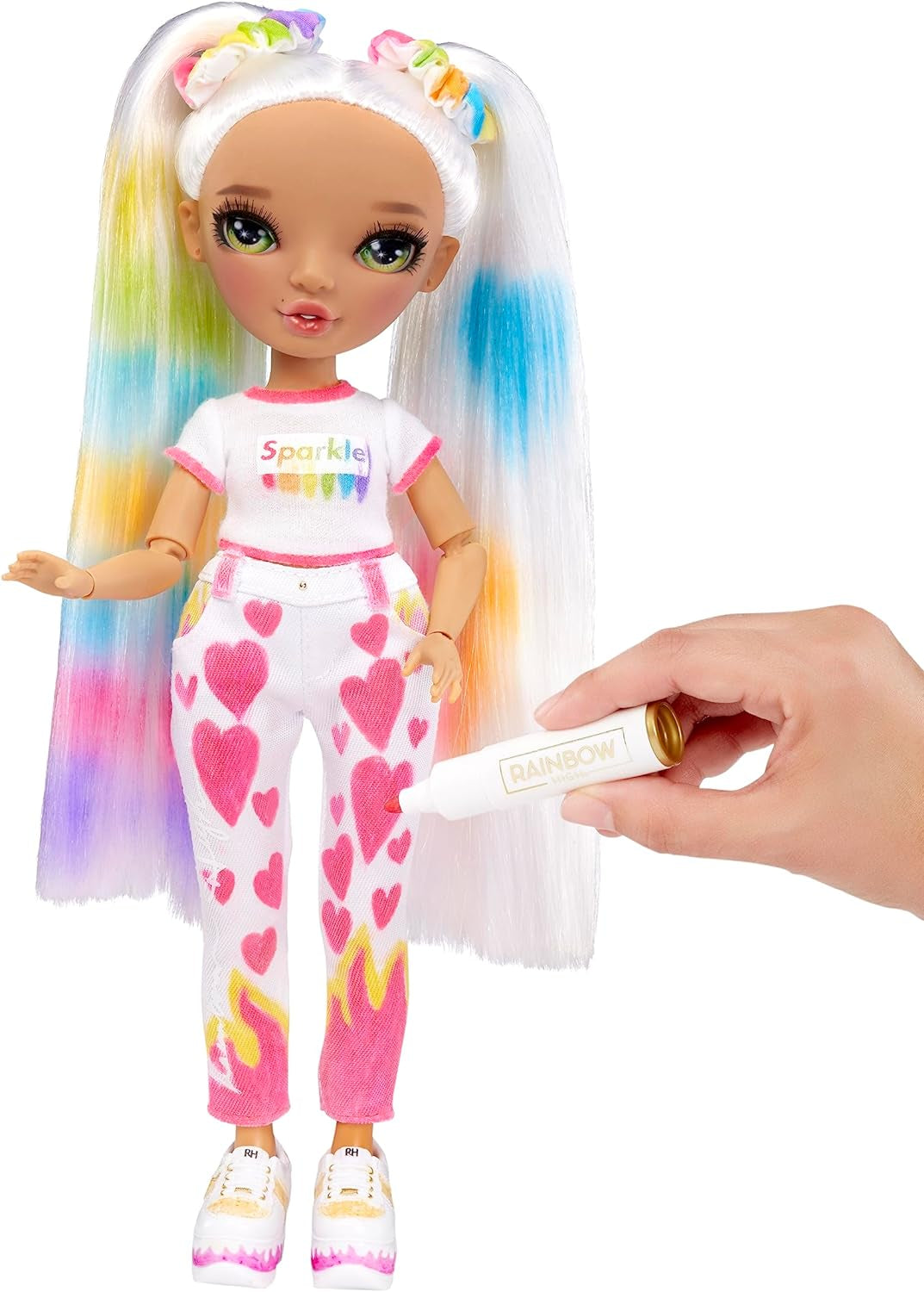 Rainbow High Color & Create DIY Modepuppe - Grüne Augen, Zopfe, extra Top & Schuhe, abwaschbare Regenbogenstifte - Ausmalen, Gestalten, Spielen, Auswaschen - voor kinderen van 4-12 jaar en Sammler
