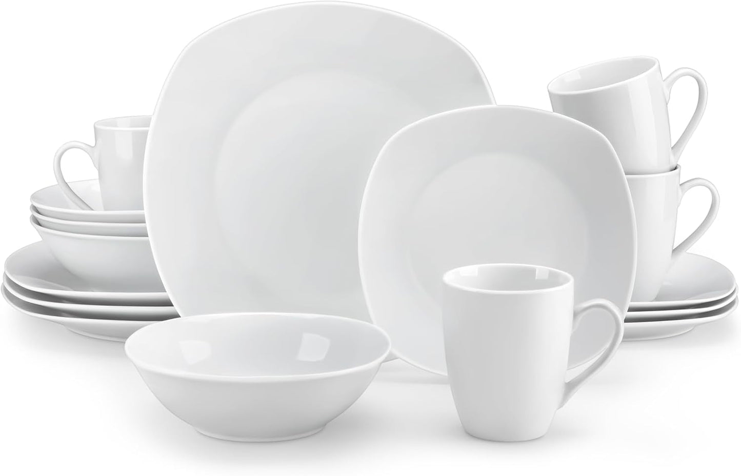MALACASA Serviesset voor 4 personen, 16-delig wit porseleinen servies, moderne serviesset met 4 dinerborden, dessertborden, Suma-borden en kopjes, ELISA-serie