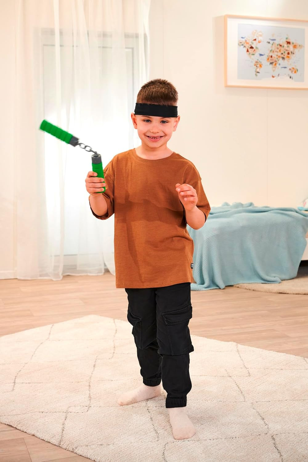 Ninja Nunchaku, geluid, handvat omwikkeld met zacht materiaal, 13cm, rollenspel, vanaf 3 jaar, groen Actiefiguren Naty Shop