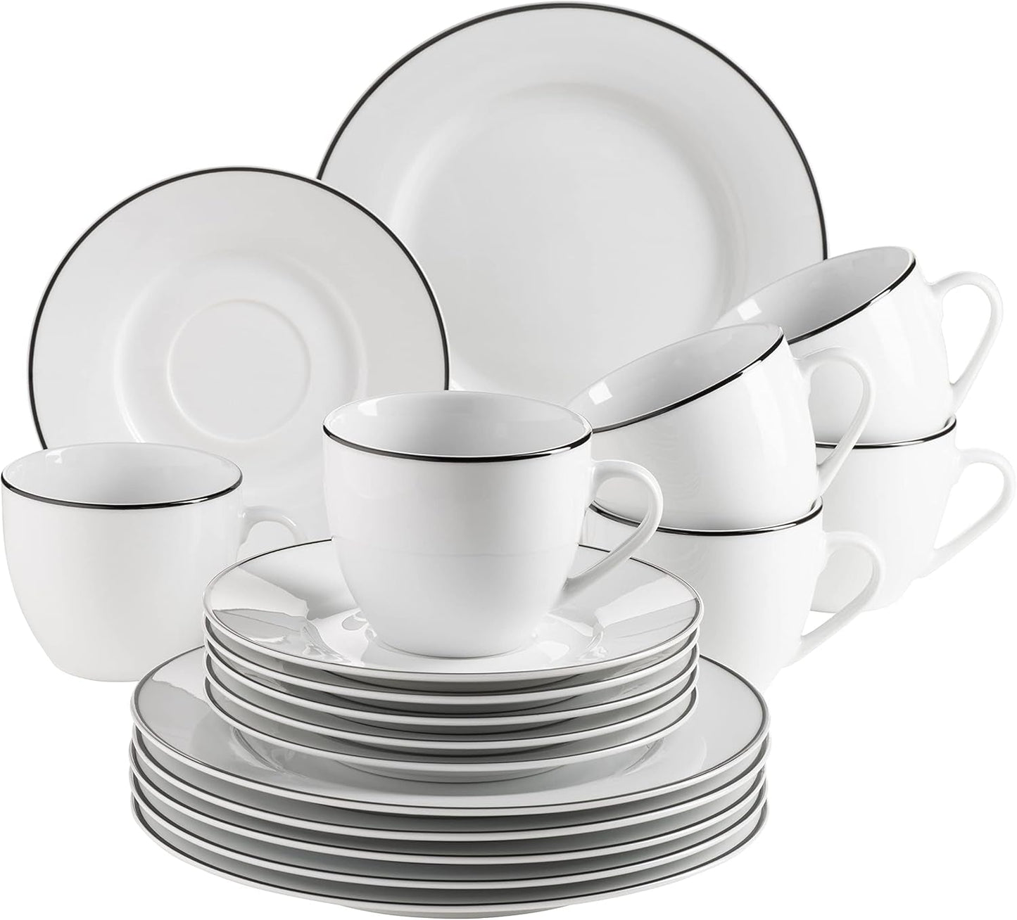 Mäser Nola Serie Modern 6-Persoons Koffieservies Wit met Zwarte Rand 18-delige Serviesset Koffiekopjes Schoteltjes en Dessertbordjes - Rond Koffieservies Koffieset Wit
