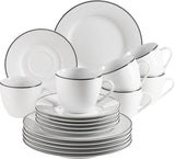 Mäser Nola Serie Modern 6-Persoons Koffieservies Wit met Zwarte Rand 18-delige Serviesset Koffiekopjes Schoteltjes en Dessertbordjes - Rond Koffieservies Koffieset Wit
