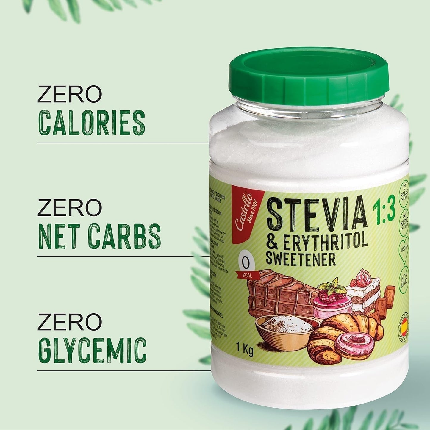 Stevia + Erythritol 1:3 Süßstoff | 1G = 3G Zucker | 100% Natürlicher Zuckerersatz - 0 Kalorien - 0 Glykämischer Index - Keto en Paleo - 0 Netto-Kohlenhydraat - Kein GVO - Castello sinds 1907 - 1 Kg Zoetstoffen Naty Shop
