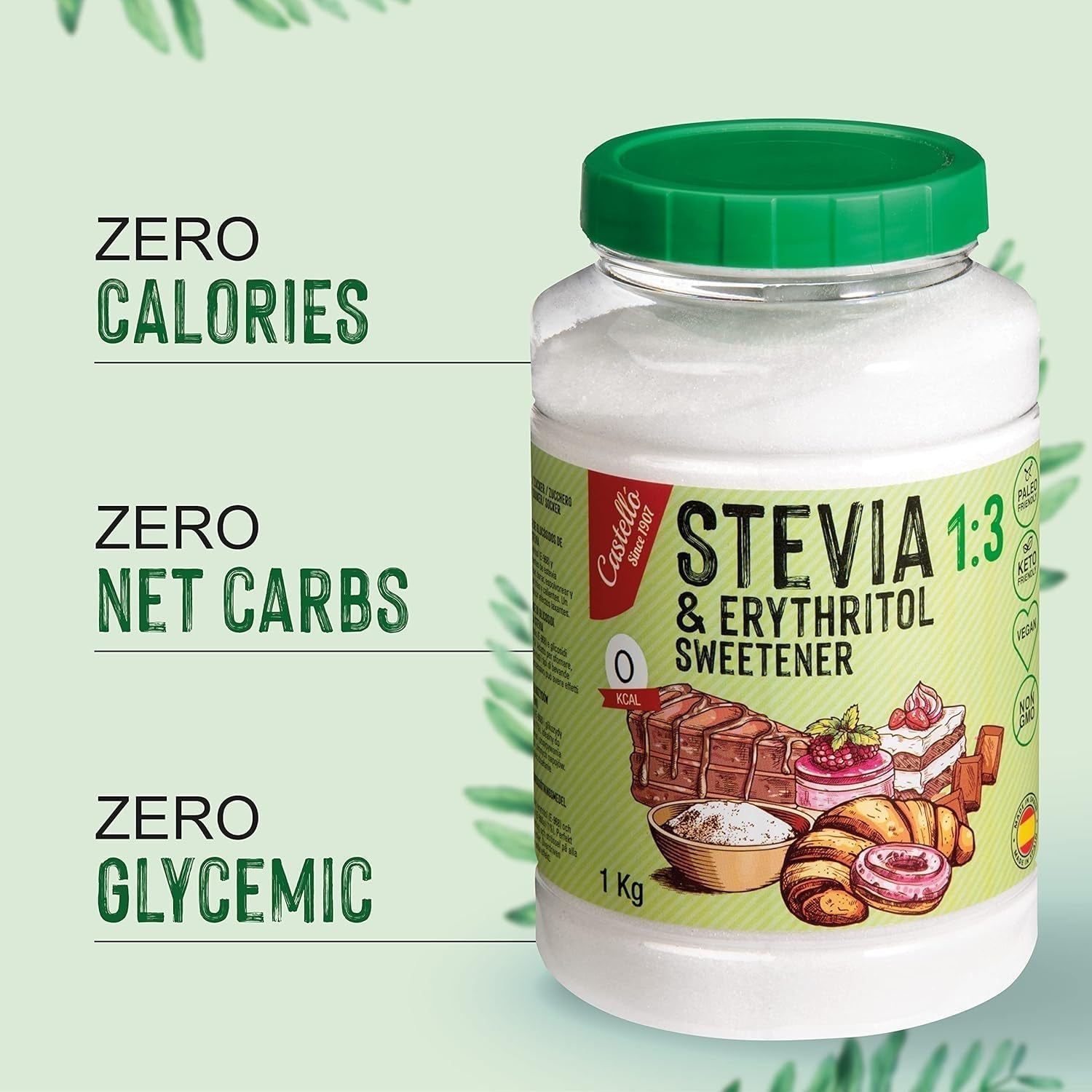 Stevia + Erythritol 1:3 Süßstoff | 1G = 3G Zucker | 100% Natürlicher Zuckerersatz - 0 Kalorien - 0 Glykämischer Index - Keto en Paleo - 0 Netto-Kohlenhydraat - Kein GVO - Castello sinds 1907 - 1 Kg Zoetstoffen Naty Shop