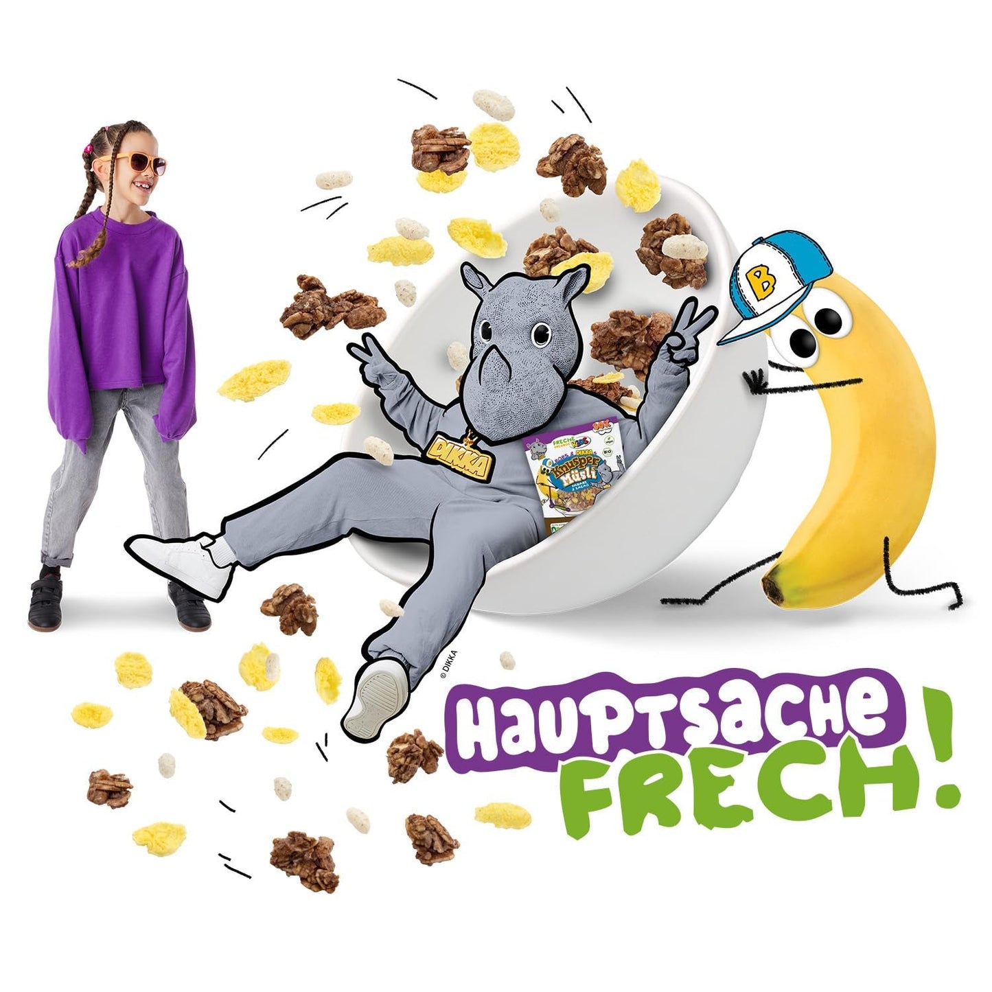 FRECHE FREUNDE KIDS, Bobs & DIKKAS Krokante banaan-cacaomuesli, knapperige chocolademuesli voor kinderen, suikerarm, geen toevoegingen, 100% veganistisch, 6 stuks (6 x 280 g)