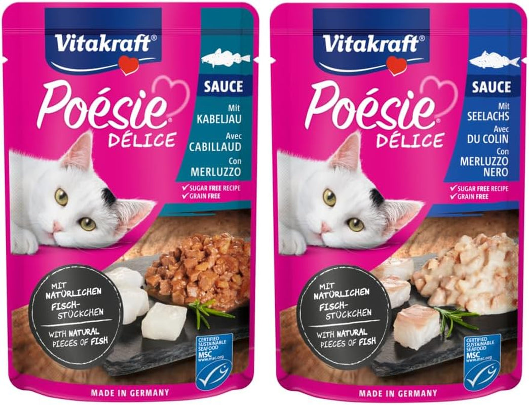 Vitakraft Poésie Délice, Fish Selection, Nassfutter Katze, Katzennassfutter in Sauce, met Seelachs, met Kabeljau, ohne Zusatz von Zucker en Getreide (1 Paket met 6x 85g)