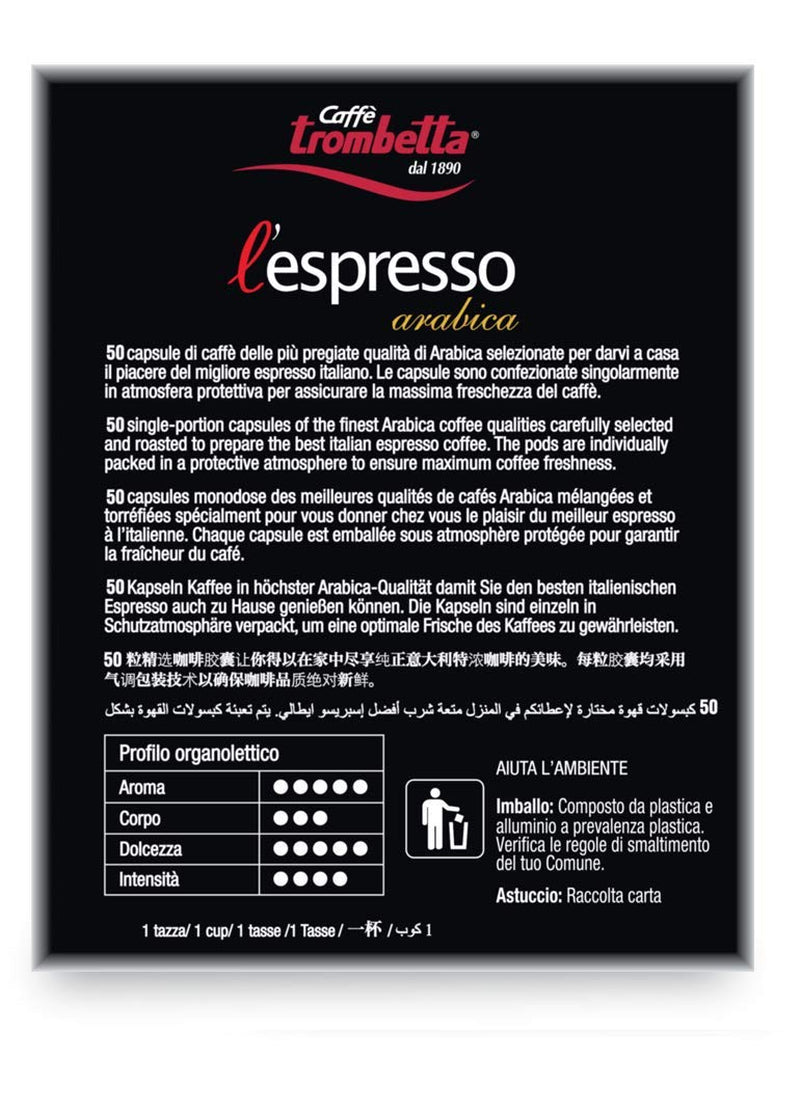 Caffè TROMBETTA L 'Espresso, Italiaanse Kaffee Nespresso compatibel Kapseln. Aus 100% Arabica met een volwaardige en körperreichen - 50 Kapseln, 50 Stück (1er Pack)