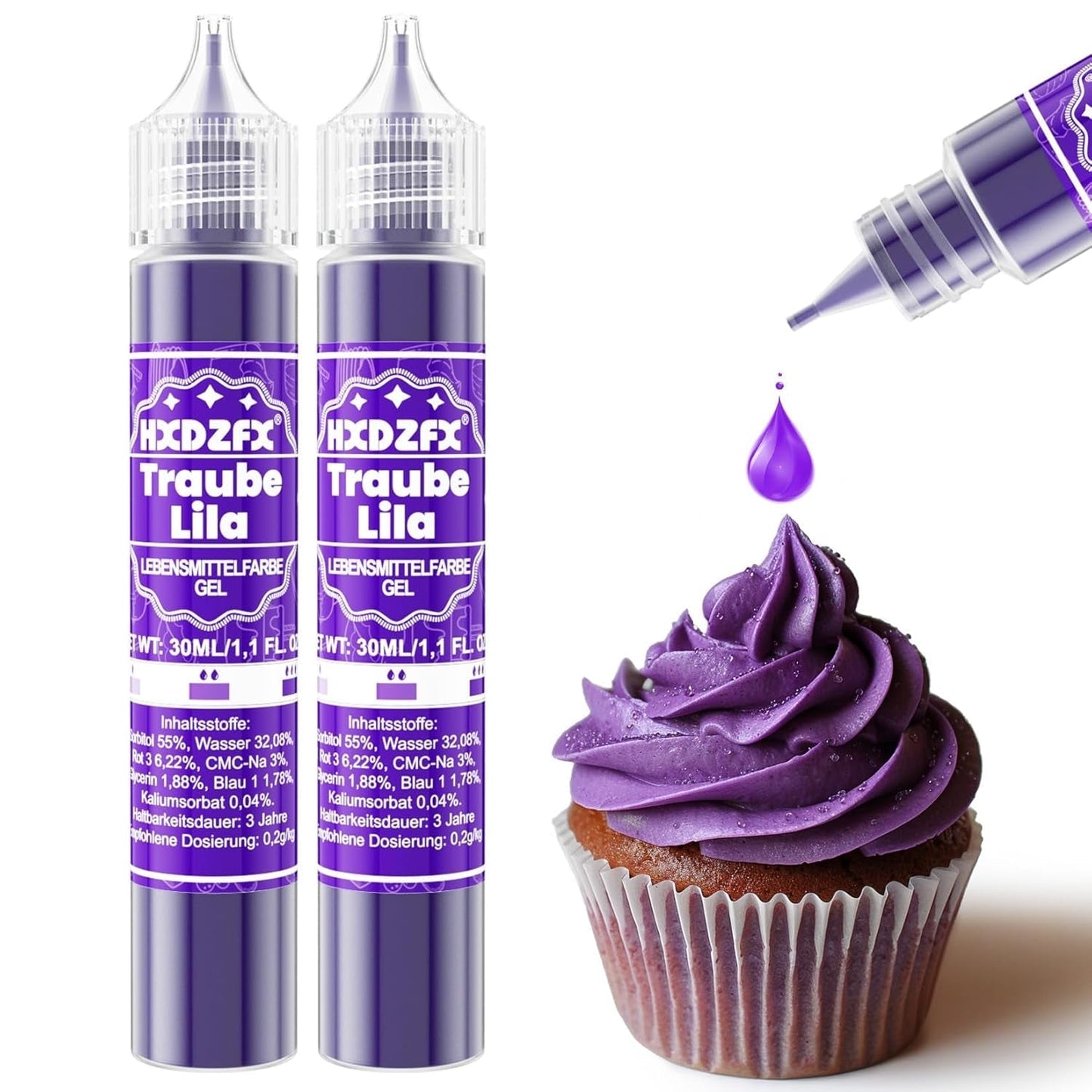 Gelvoedselkleuring - HXDZFX 2×30ml, suikervrije voedselkleuring, sterk geconcentreerd, voor het versieren van taarten, witte fondant, bitterkoekjes, koekjes, bakken, paaseieren, slijm (druivenpaars)