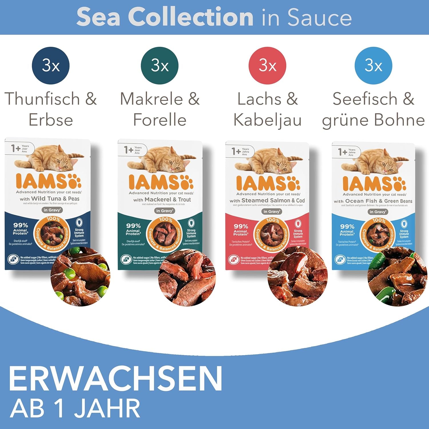 IAMS Delights Sea Collection Katzenfutter Nass - Multipack met vissortering (Lachs, Thunfisch, Makreel, Seefisch) in saus, Nassfutter für Katzen vanaf 1 jaar, 12 x 85 g