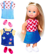 Simba Evi Love-modepop in schattige spijkerjurk, inclusief twee andere outfits met schattige prints en sneakers, 12 cm, vanaf 3 jaar