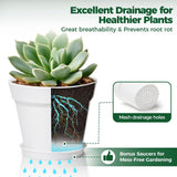 T4U 16 cm plastic bloempot met schotel, set van 6 plastic kruidenpotten met meerdere afvoergaten, ronde pot voor binnen en balkon vetplanten, cactussen, wit