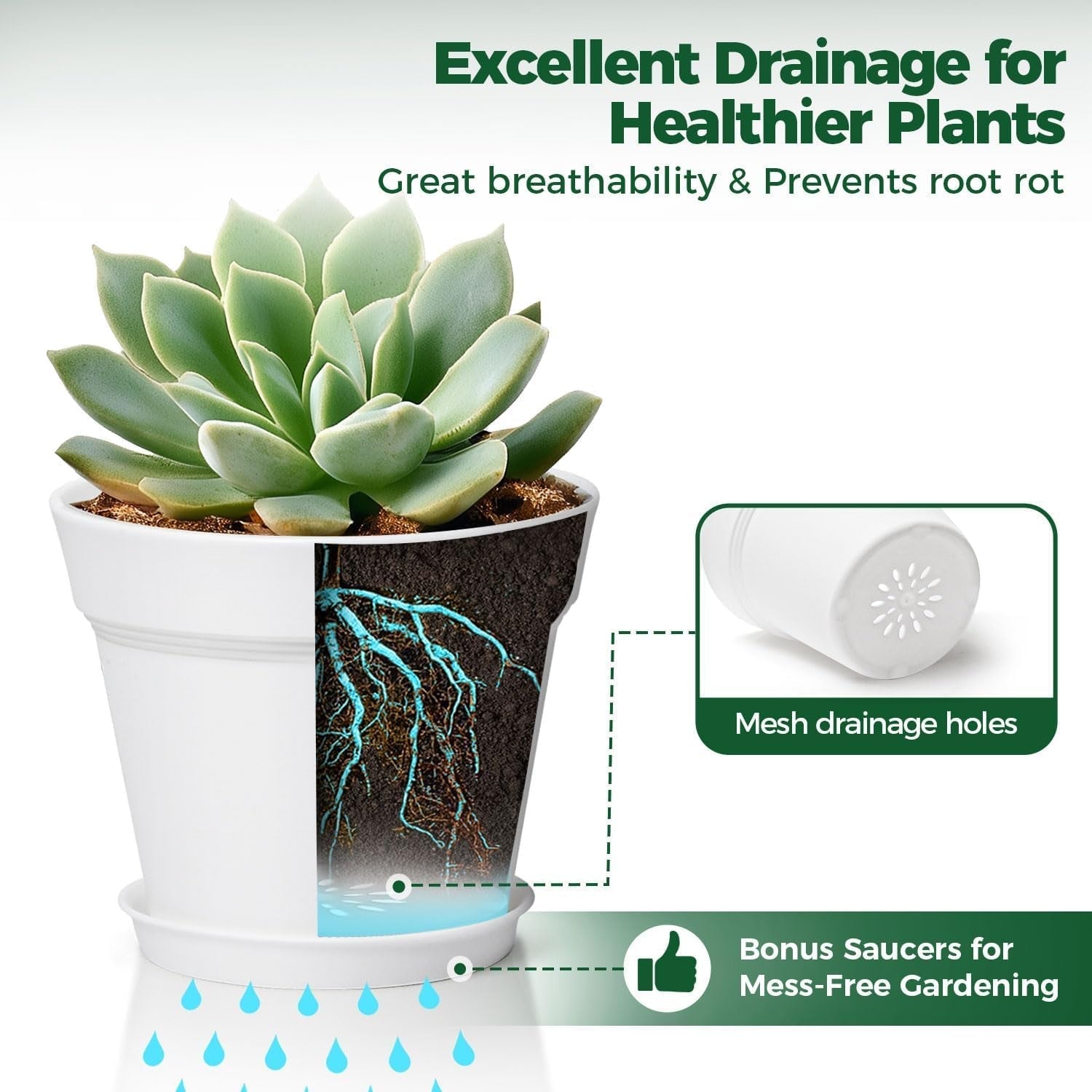 T4U 16 cm plastic bloempot met schotel, set van 6 plastic kruidenpotten met meerdere afvoergaten, ronde pot voor binnen en balkon vetplanten, cactussen, wit