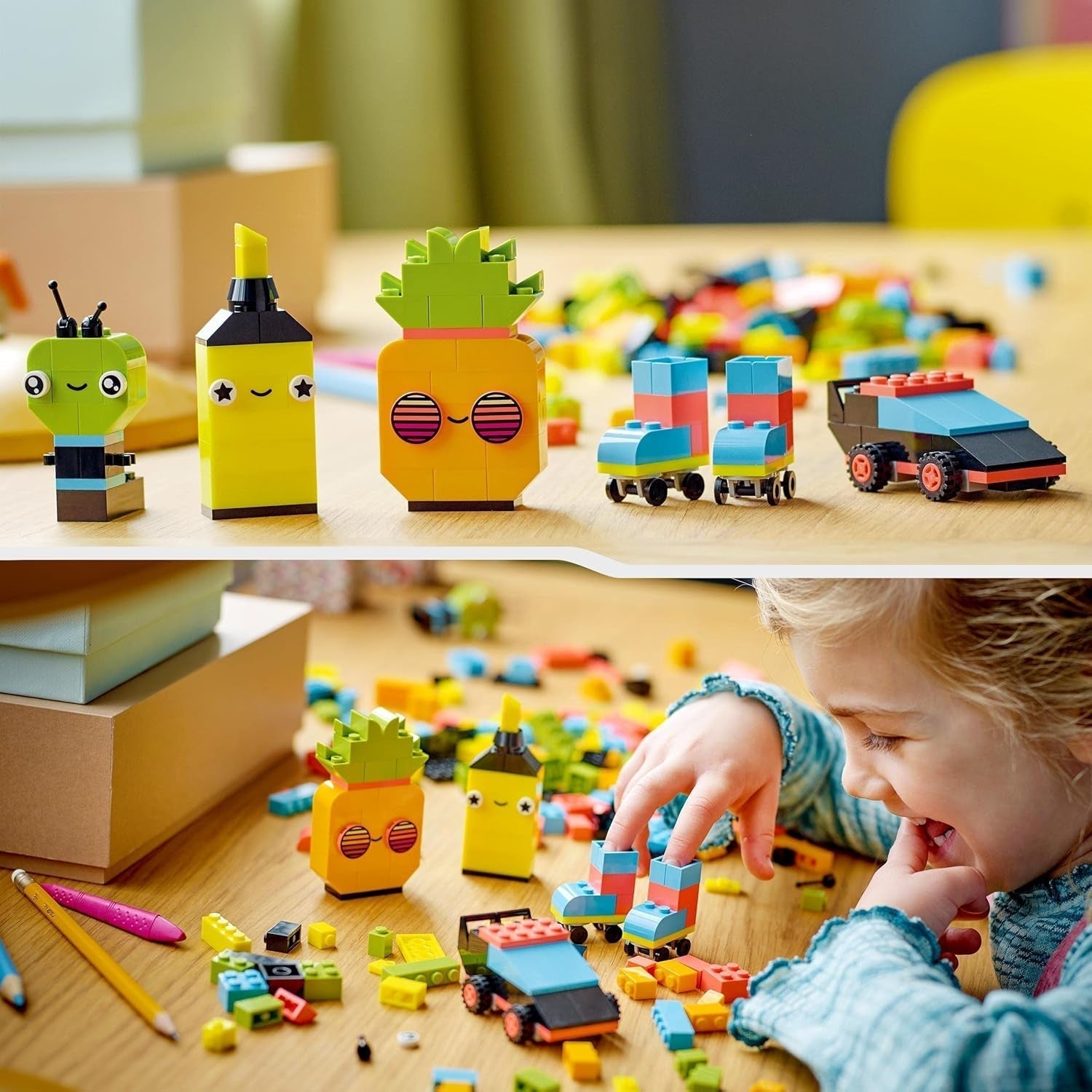 LEGO 11027 Classic Neon Creatieve bouwset, Brick Box Set, Bouwspeelgoed met modellen: auto, ananas, alien, rolschaatsen, figuren en meer, voor kinderen vanaf 5 jaar Bouwsets Besuche den LEGO-Store