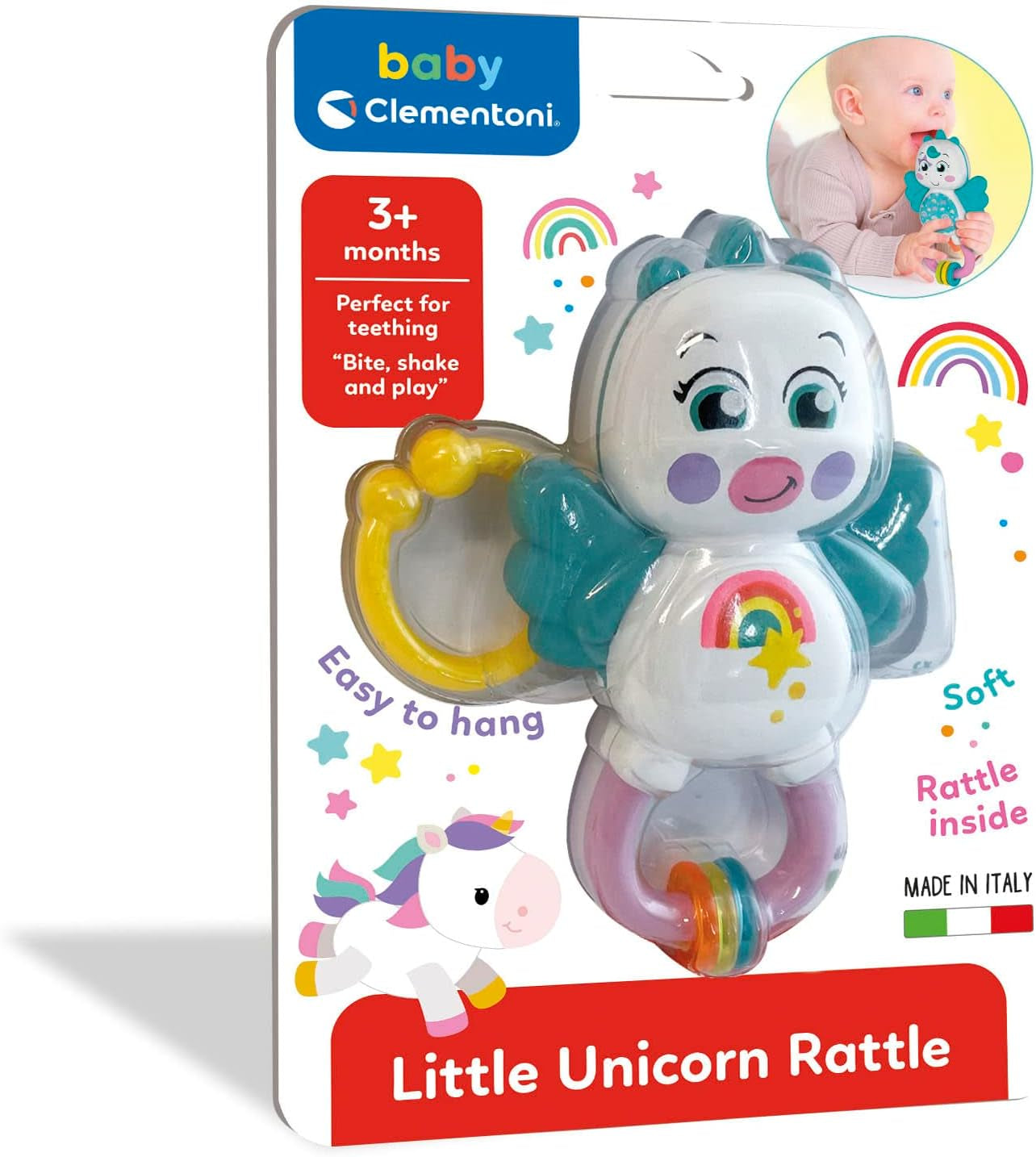 Clementoni 17778 - Kleine Eenhoornrammelaar - Sonaglio Neonato Con Massaggiagengive, Giocattolo Bambini 3 Mesi, Rafforza Le Capacità Motorie E Sensoriali - Made in Italy Jucarii Bebe Naty Shop