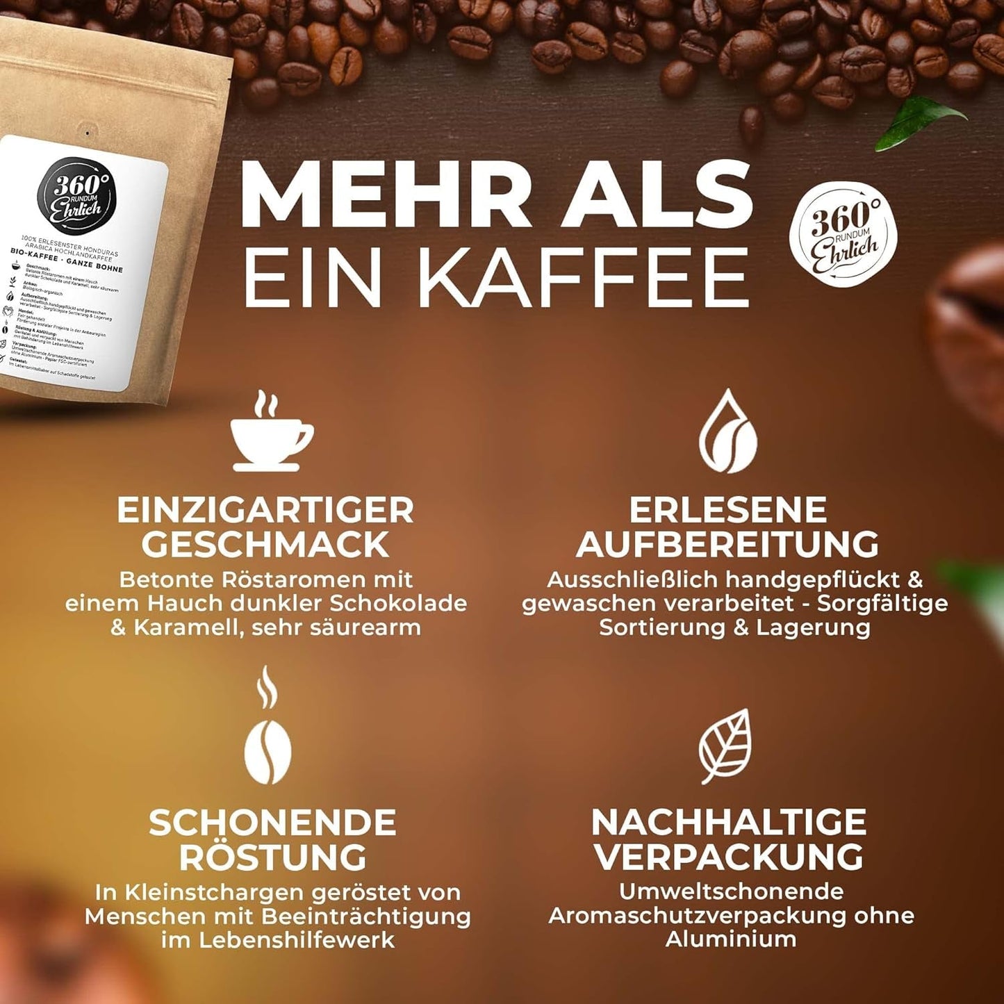 Premium Bio Kaffeebohnen 1000g, 100% Honduras Hochland Arabica Kaffeebohnen Bio - Köstlich, mild, säurearm - Bio Kaffee ganze Bohnen - Ideaal als Kaffeebohnen Vollaautomat - 360° Rundum Ehrlich