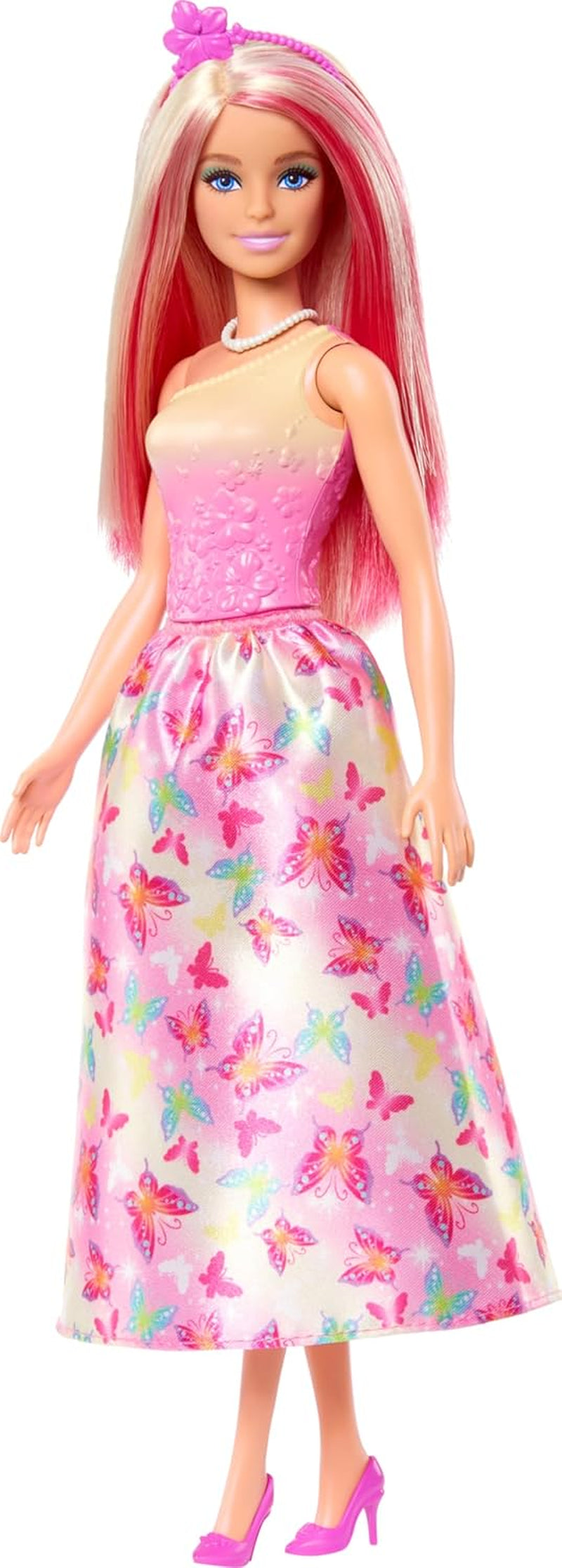 Koninklijke Barbie-pop met blond en roze fancy haar, kleurrijke accessoires, roze topje met kleurverloop en vlinderrok, HRR08 Naty Shop-poppen