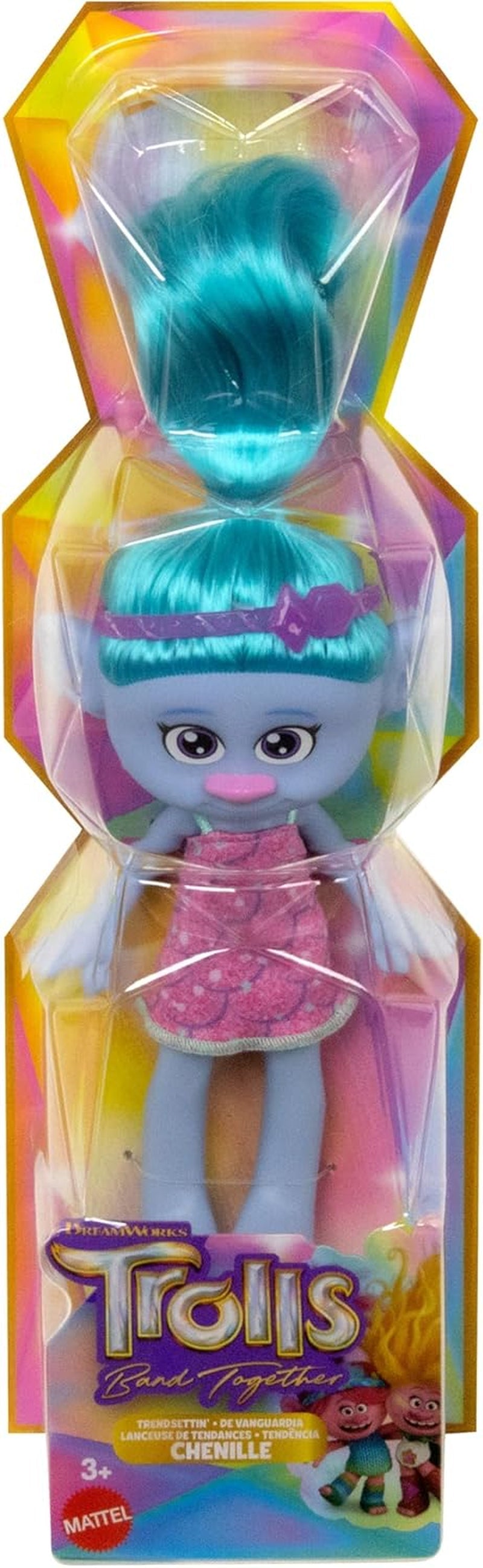 Mattel DREAMWORKS TROLLS United We Stand - Chenille harige verrassingspop met sprankelend blauw haar, paarse hoofdband, vanaf 3 jaar, HNF15