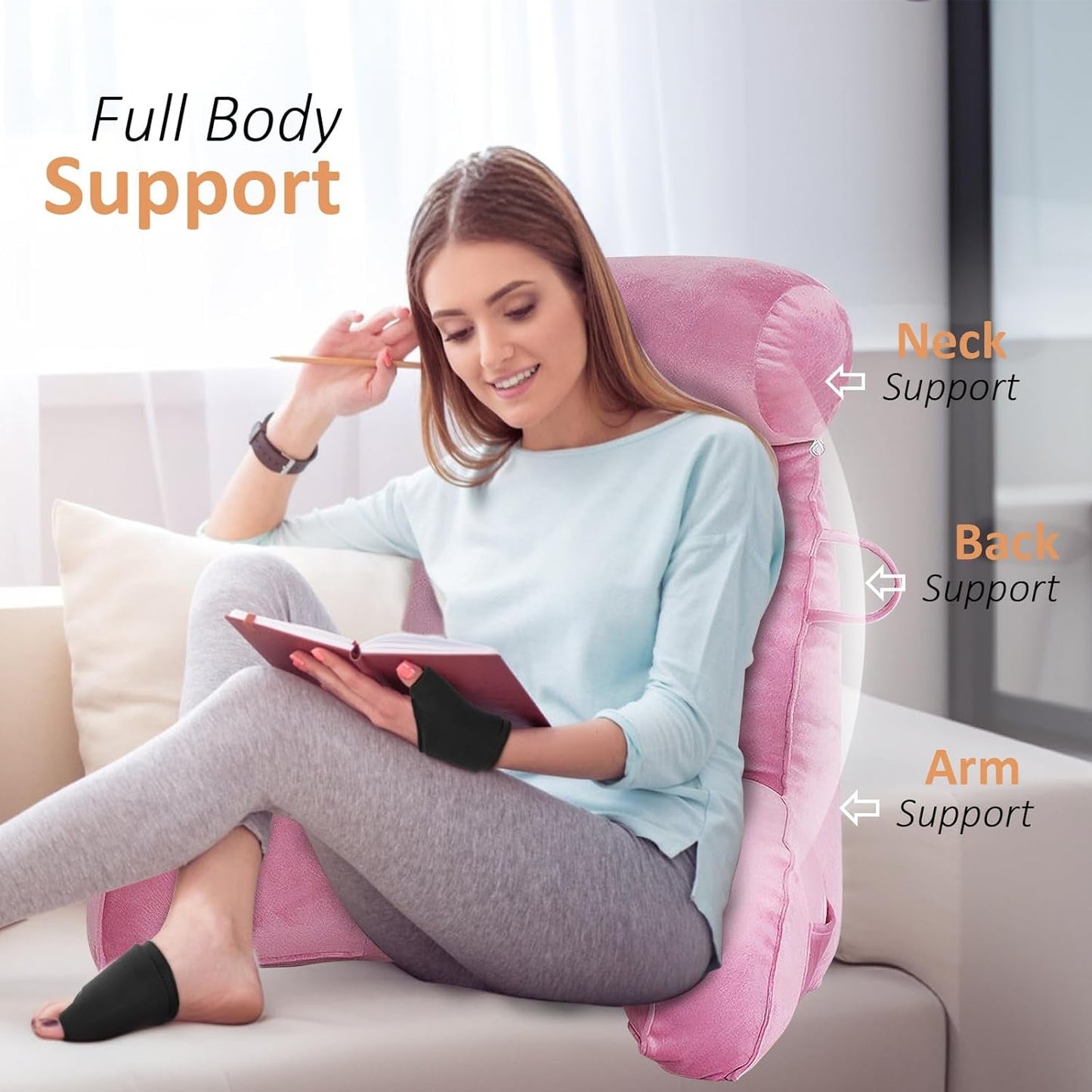 XL-leeskussen voor bed en bank met afneembare nekrol, ideaal rugkussen voor volwassenen met traagschuim voor comfortabel lezen, werken, spelen, tv kijken, ontspannen (roze)