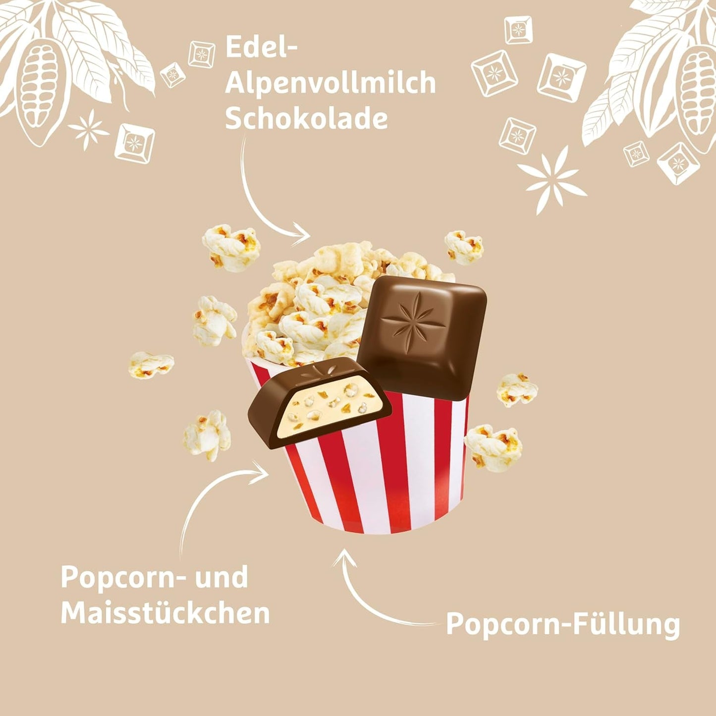 Schogentten popcorn 1 chocoladereep x 100 g, melkchocolade met popcorn en stukjes maïs, praktische losse stukjes. Een delicatesse. Stuk voor stuk.
