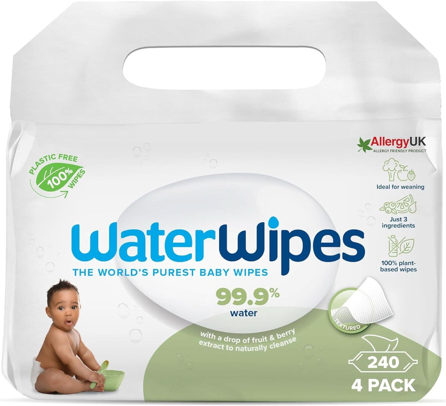 Waterdoekjes Plastikvrij, Texturierte Reinigungstücher Für Kleinkinder & Babies, 240 Stück (4 Packungen), 99,9 % Wasserbasierte Reinigungstücher, Unperfümiert Für Empfindliche Haut Naty Shop 60 Stück (4Er Pack)