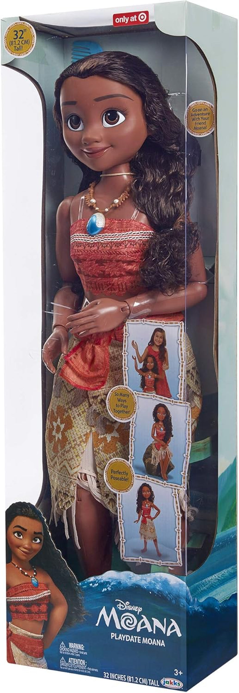 Disney Princess Vaiana, 80 cm grote speelpop van Jakks Pacific, bewegliche pop, met Bürste zum Kämmen ihrer welligen Locken, vom Film geïnspireerde Kleed, abnehmbare Halskette met Anhänger