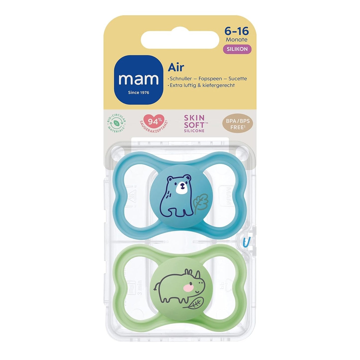 MAM Air siliconen fopspenen, 2 stuks, extra licht en luchtig ontwerp, tandvriendelijke babyfopspeen gemaakt van MAM SkinSoft speciale siliconen met fopspeendoos, 6-16 maanden beer/neushoorn
