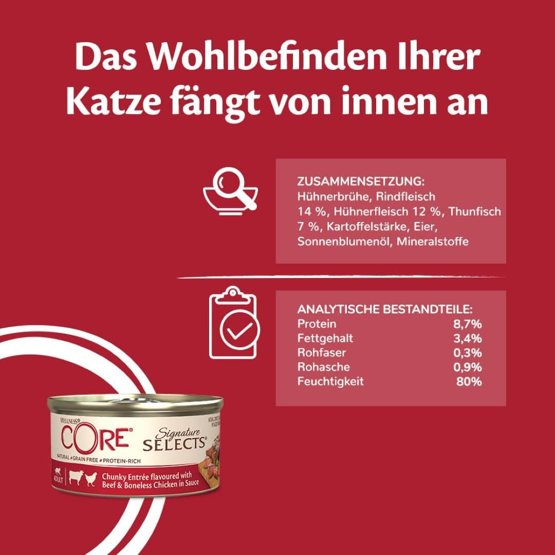 Wellness CORE Signature Selects 8 x 79g, Mix Rundvlees, Kip en Kalkoen - Nat kattenvoer, heerlijke reepjes in saus, graanvrij, natuurlijk, hypoallergeen, rijk aan eiwitten, rijk aan vlees