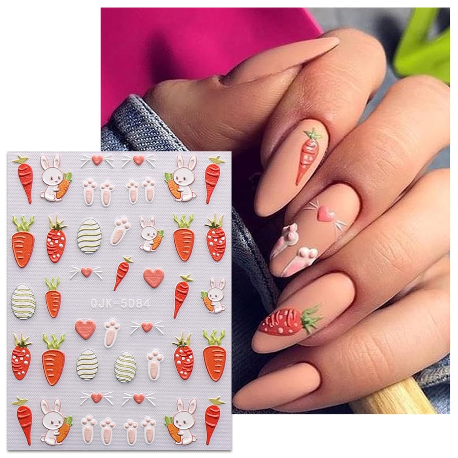 JMEOWIO 6 Blatt 3D Nagelsticker Ostern Nail Art Sticker Selbstklebend Nagelaufkleber 5D Stereoskopisch Süßer Hase Ei Decoratie Nageldesign Zubehör