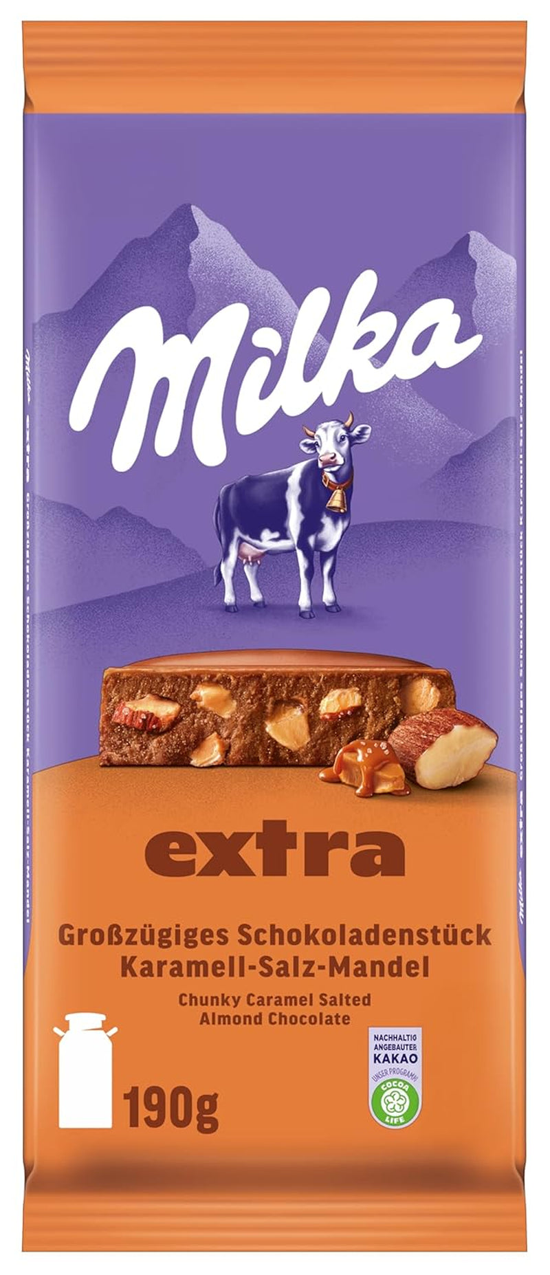 Milka Extra Caramel Salt Amandel - Alpenmelkchocolade met stukjes karamel, amandelen en een snufje zout - 190g