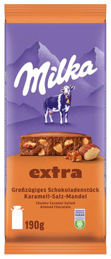 Milka Extra Caramel Salt Amandel - Alpenmelkchocolade met stukjes karamel, amandelen en een snufje zout - 190g
