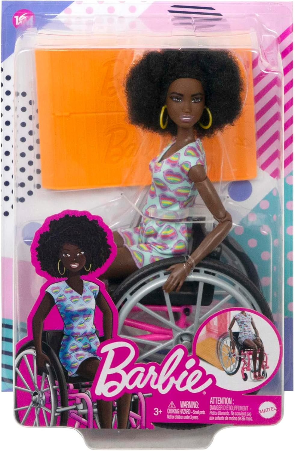 Barbie Fashionistas Zwart Haar Kleurrijke Jumpsuit Rolstoelhelling Rolstoelpop Inbegrepen Kindercadeau Speelgoed Leeftijd 3+ HJT14