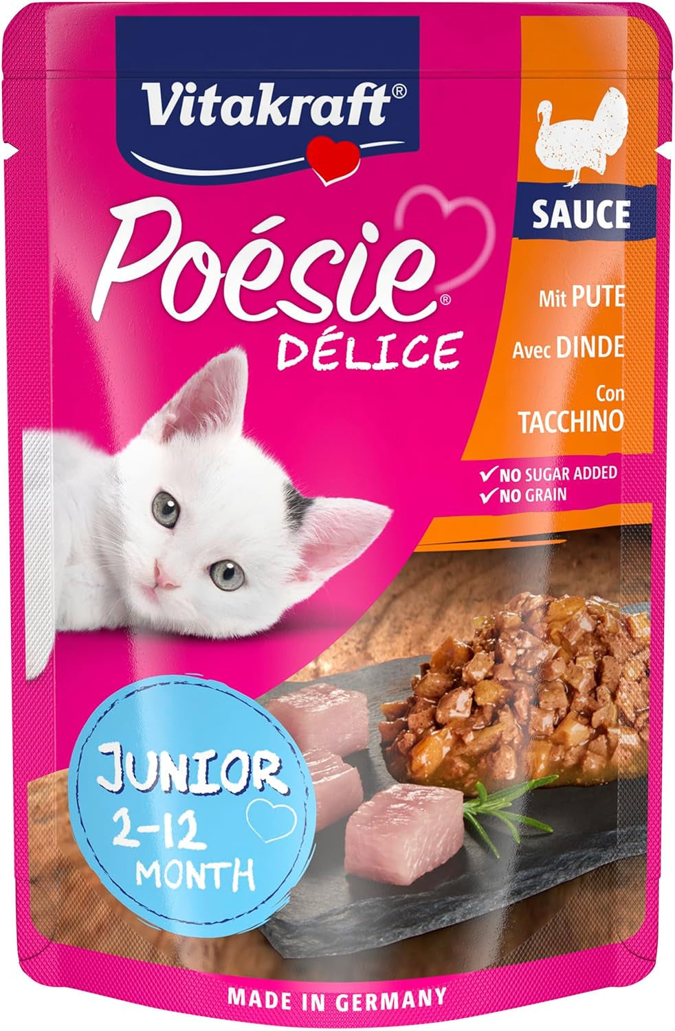 Vitakraft Poésie Délice, Junior, Natvoer voor katten, Natvoer in saus, met kalkoen, Multipack, voor jonge katten, Zonder toegevoegde suiker of granen (23 x 85g)