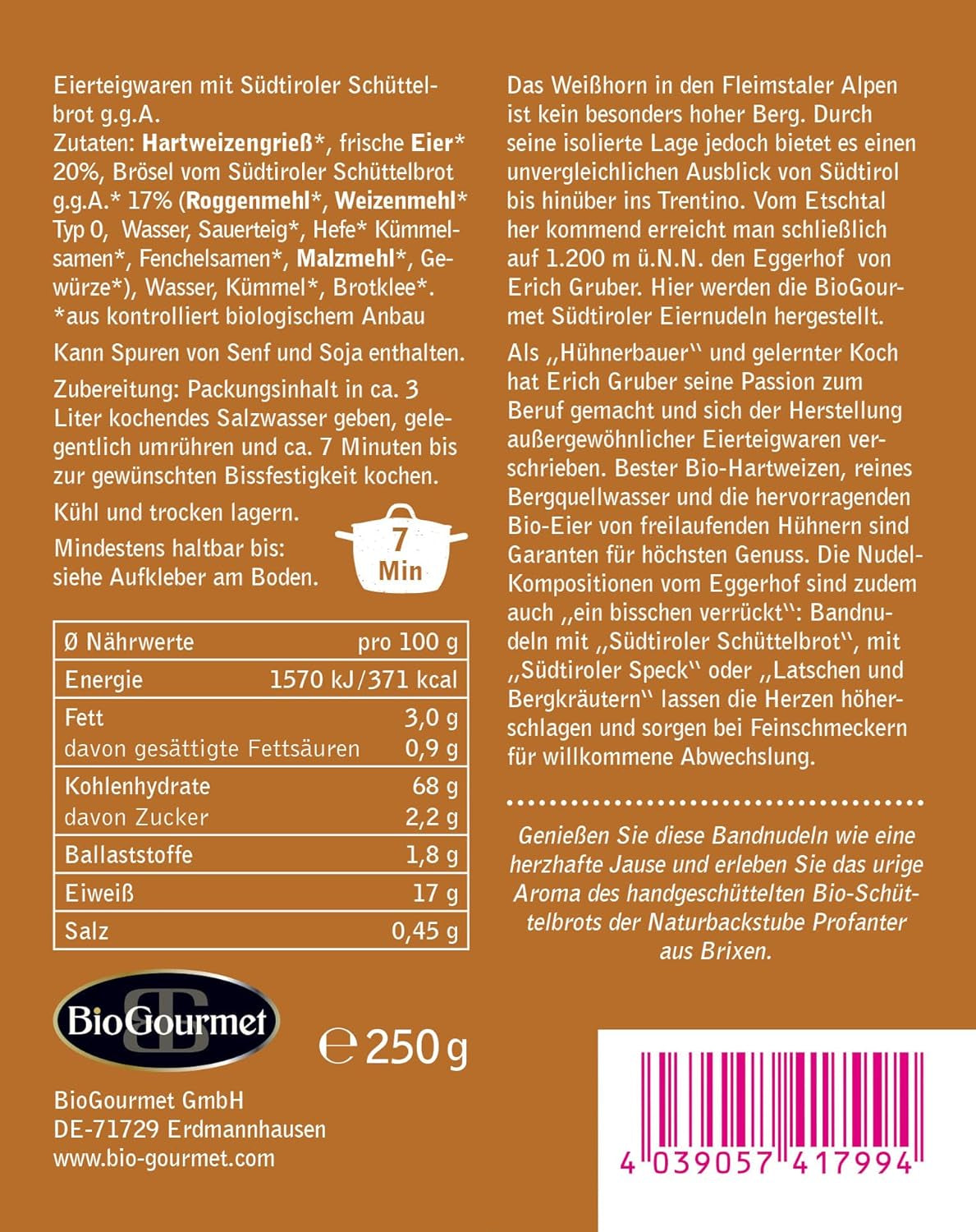 BioGourmet lintnoedels met Schüttelbrot uit Zuid-Tirol (BGA) | Gezouten en gearomatiseerde eiernoedels met echt spek uit Zuid-Tirol | 1 x 250 g Bio