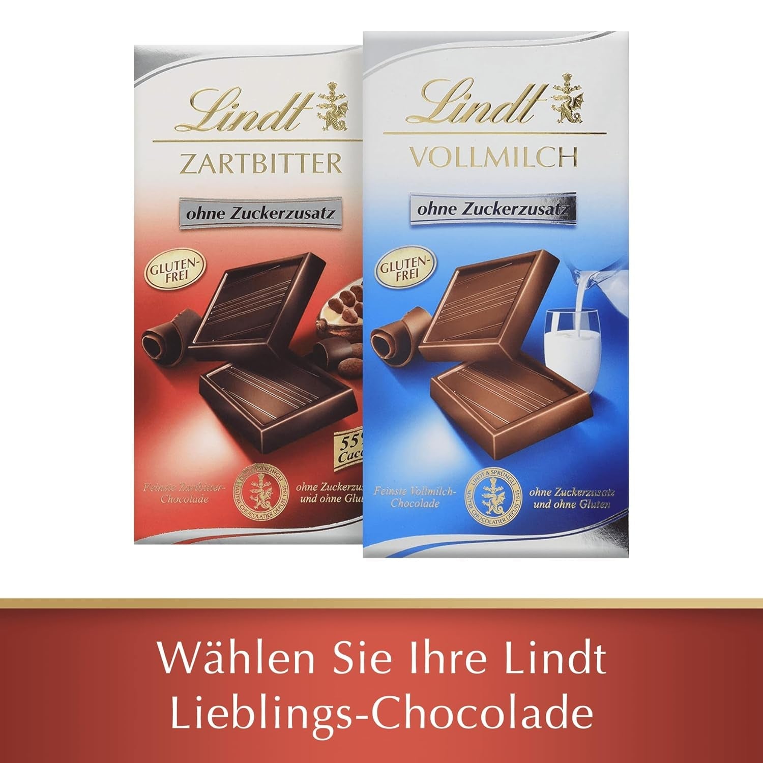 Lindt-chocolade | Reep pure chocolade zonder toegevoegde suiker | 100g | De fijnste pure chocolade met 55% cacao, zonder toegevoegde suikers en zonder gluten | Glutenvrije chocoladereep