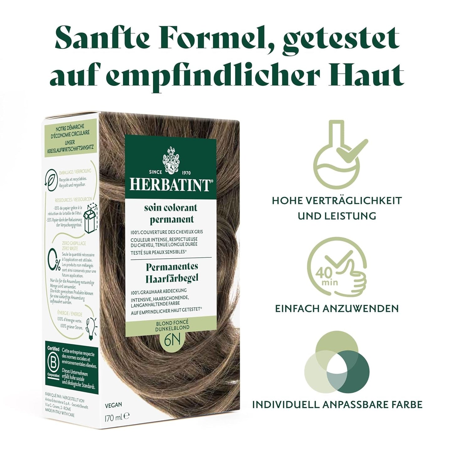 Permanente haarverfgel 6N donkerblond - 170 ml I Ammoniakvrij, 100% dekking van grijs haar I Getest op gevoelige huid, met 8 plantenextracten Haarverf Naty Shop