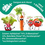 FRECHE FREUNDE Biologisch knijpfruitzakje met appels, aardbeien, rode biet en wortel, fruit- en groentepuree in knijpzakje voor baby's vanaf 6 maanden, veganistisch, 6 stuks (6 x 100 g)