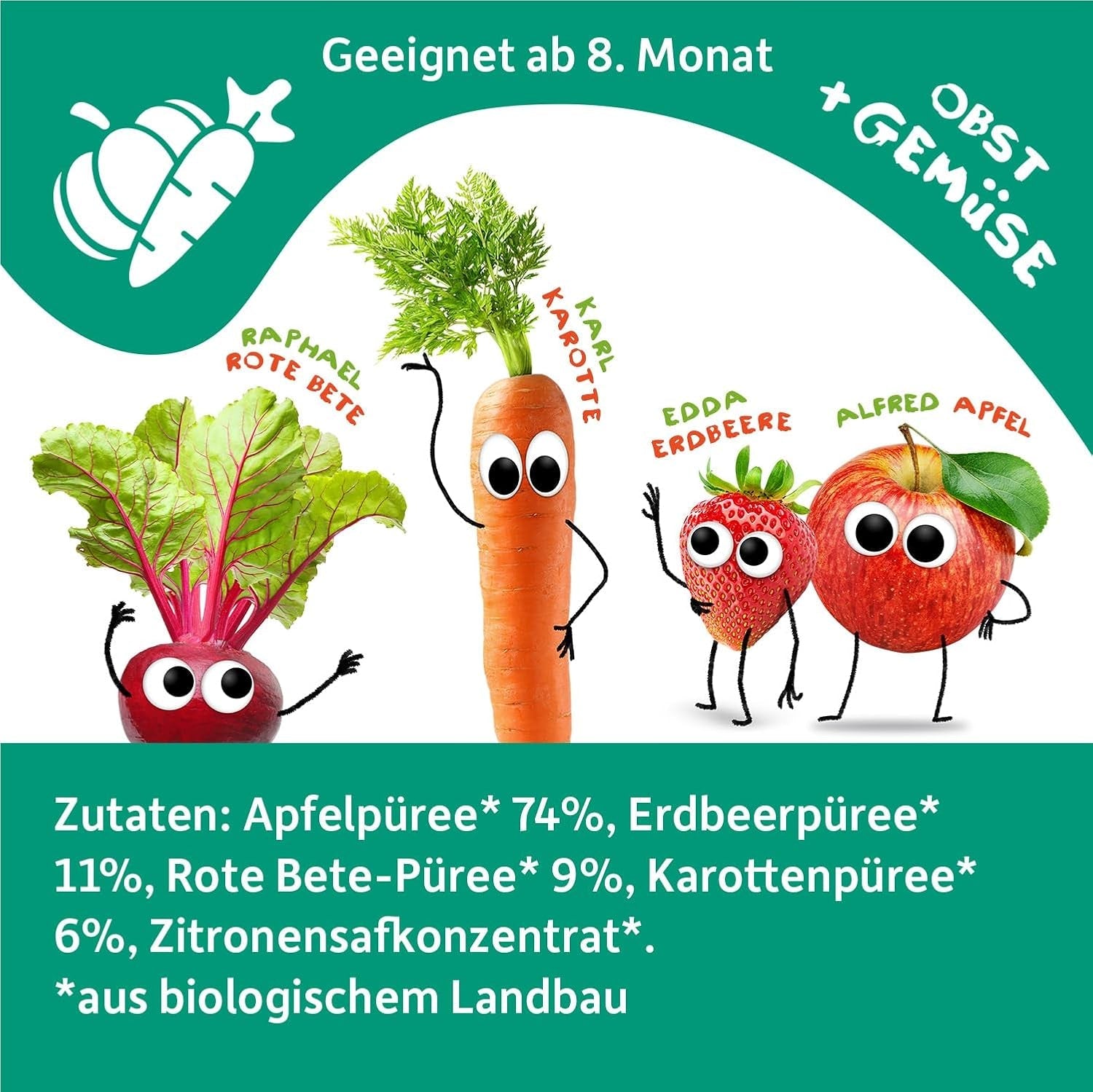 FRECHE FREUNDE Biologisch knijpfruitzakje met appels, aardbeien, rode biet en wortel, fruit- en groentepuree in knijpzakje voor baby's vanaf 6 maanden, veganistisch, 6 stuks (6 x 100 g)