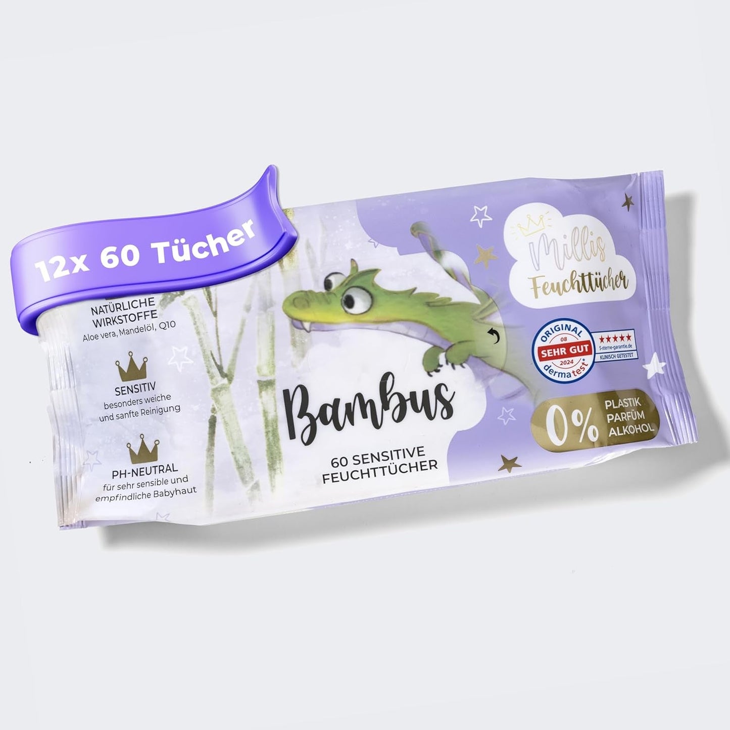 Millis Bamboo Baby Sensitive vochtige doekjes voor de gevoelige babyhuid - 5 x 60 stuks - Natuurlijke, zachte en duurzame reiniging - Biologisch afbreekbare babydoekjes, plasticvrij en alcoholvrij