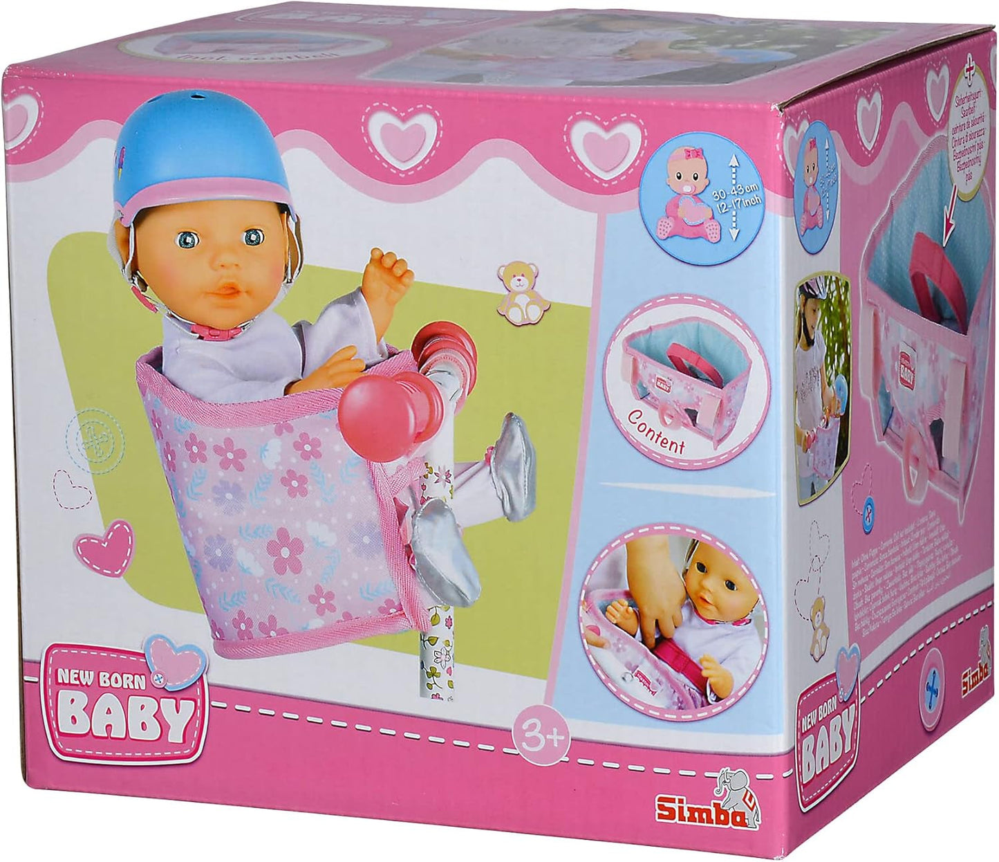 Simba 105560018 - Fietsstoeltje voor pasgeborenen met riem, poppenaccessoire, stoffen zitje, veiligheidsgordel, stuur met klittenband, voor poppen van 30-43 cm, vanaf 3 jaar
