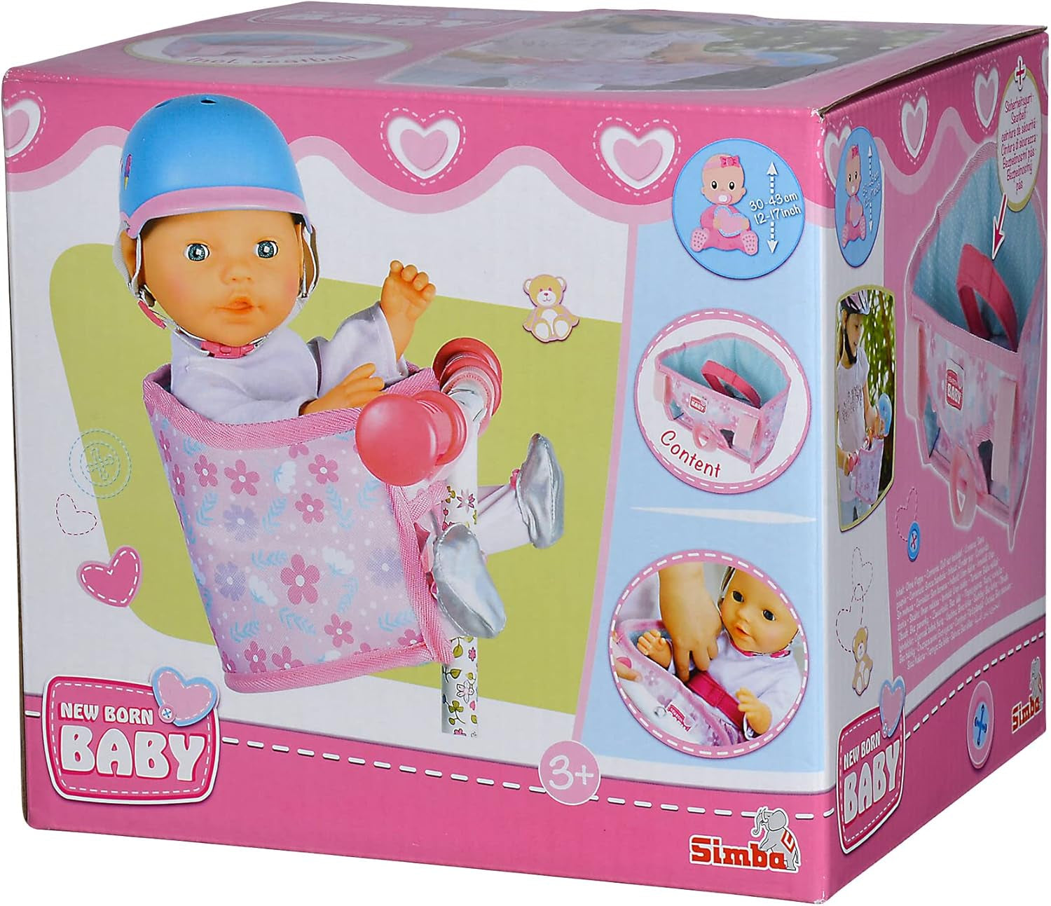Simba 105560018 - Fietsstoeltje voor pasgeborenen met riem, poppenaccessoire, stoffen zitje, veiligheidsgordel, stuur met klittenband, voor poppen van 30-43 cm, vanaf 3 jaar