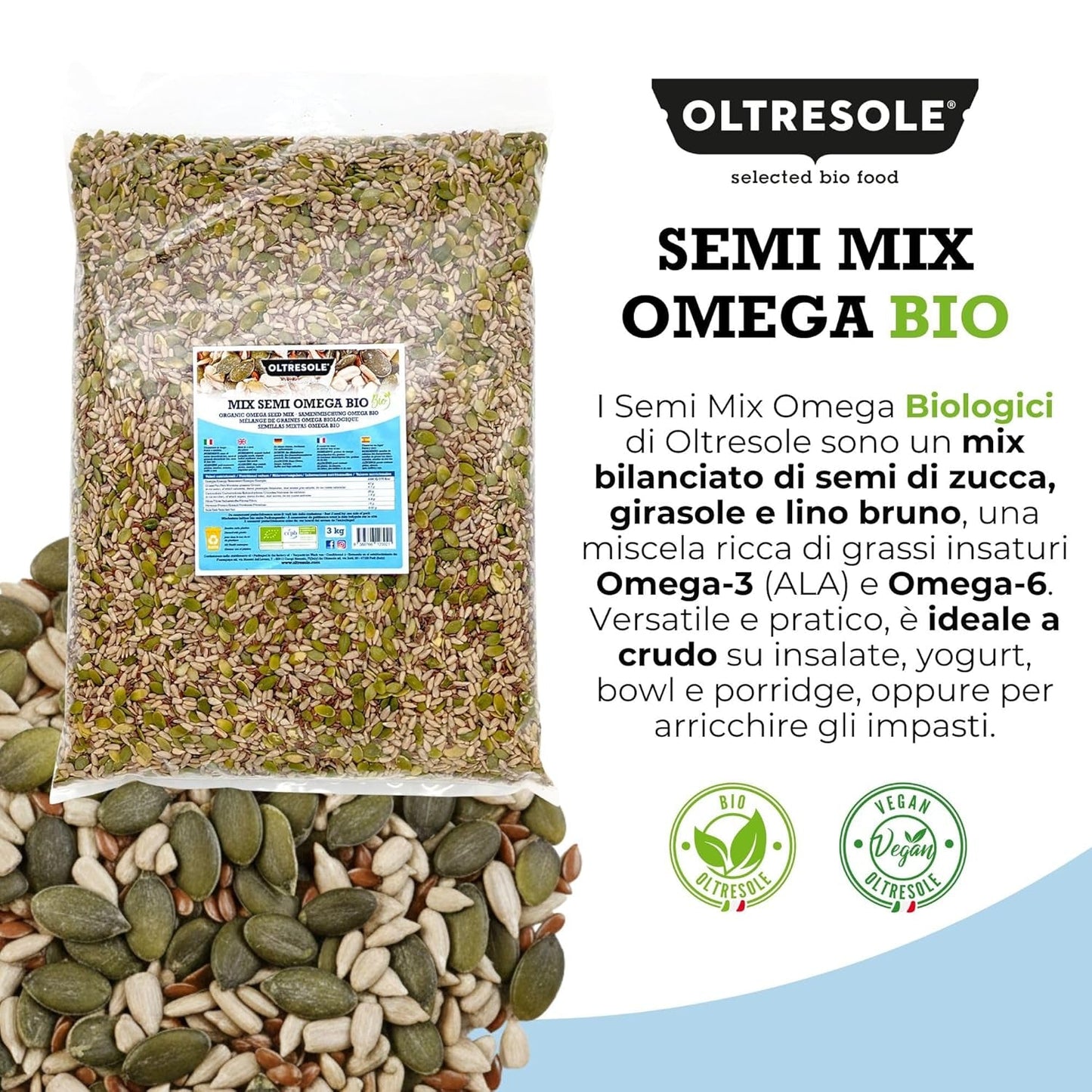 Biologische Omega Zadenmix 3 kg (mengsel van pompoen-, zonnebloem- en lijnzaad), een mix van 3 hele rauwe oliezaden, rijk aan eiwitten, vezels en omega-3-vetzuren
