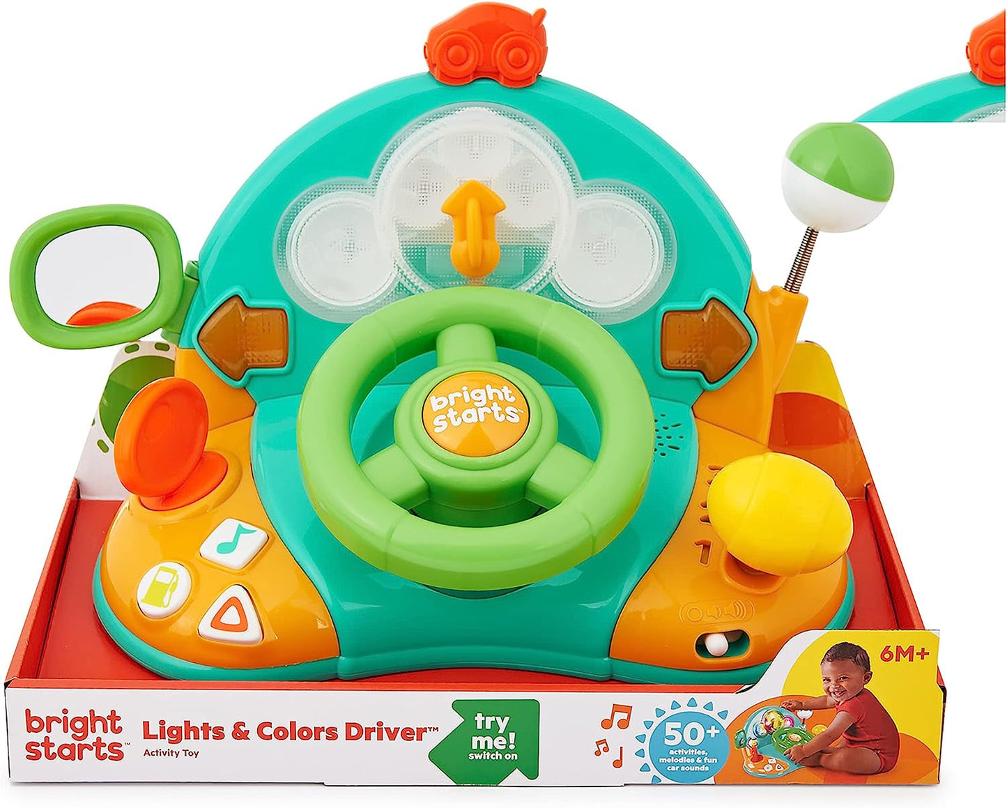 Bright Starts, speelgoedstuur, Lights & Colors Driver, met muziek, autogeluiden, richtingaanwijzers, versnellingspook en meer Bebe Naty Shop Speelgoed