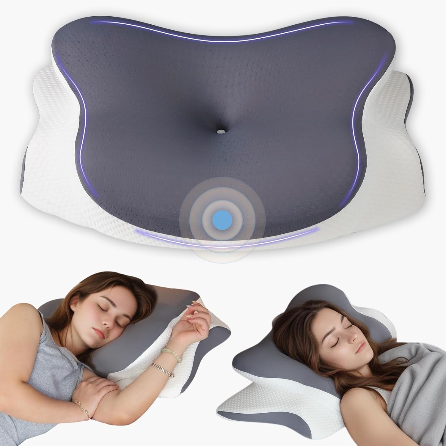 Nekkussen Orthopedisch hoofdkussen Memory Foam Kussen Zijwaartse impactkussen - Ergonomisch ontwerp Holle vorm voor zij-, dorsale en buikimpact Lichtgrijs Cervicale orthopedische kussens Naty Shop Donkergrijs 66X40X14Cm