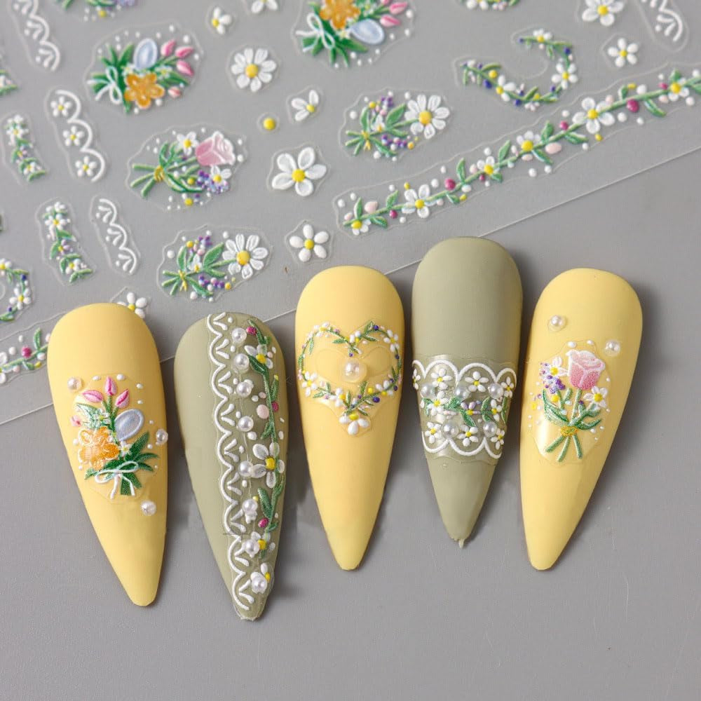 5 Stuks Geprägte Gänseblümchen Nagelsticker Selbstklebend Blumen Nagelaufkleber Gänseblümchen Schmetterling Nagel Sticker Nageldesign Aufkleber Nägel Zubehör Blume Nail Sticker Flower Nail Art Stickers