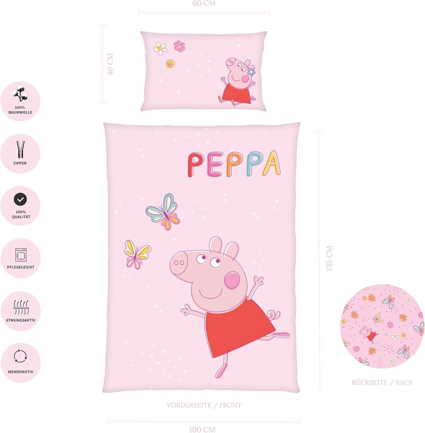 Peppa Pig kinderbeddengoedset, 100 x 135 cm en 40 x 60 cm, katoenen beddengoed - kinderen Naty Shop